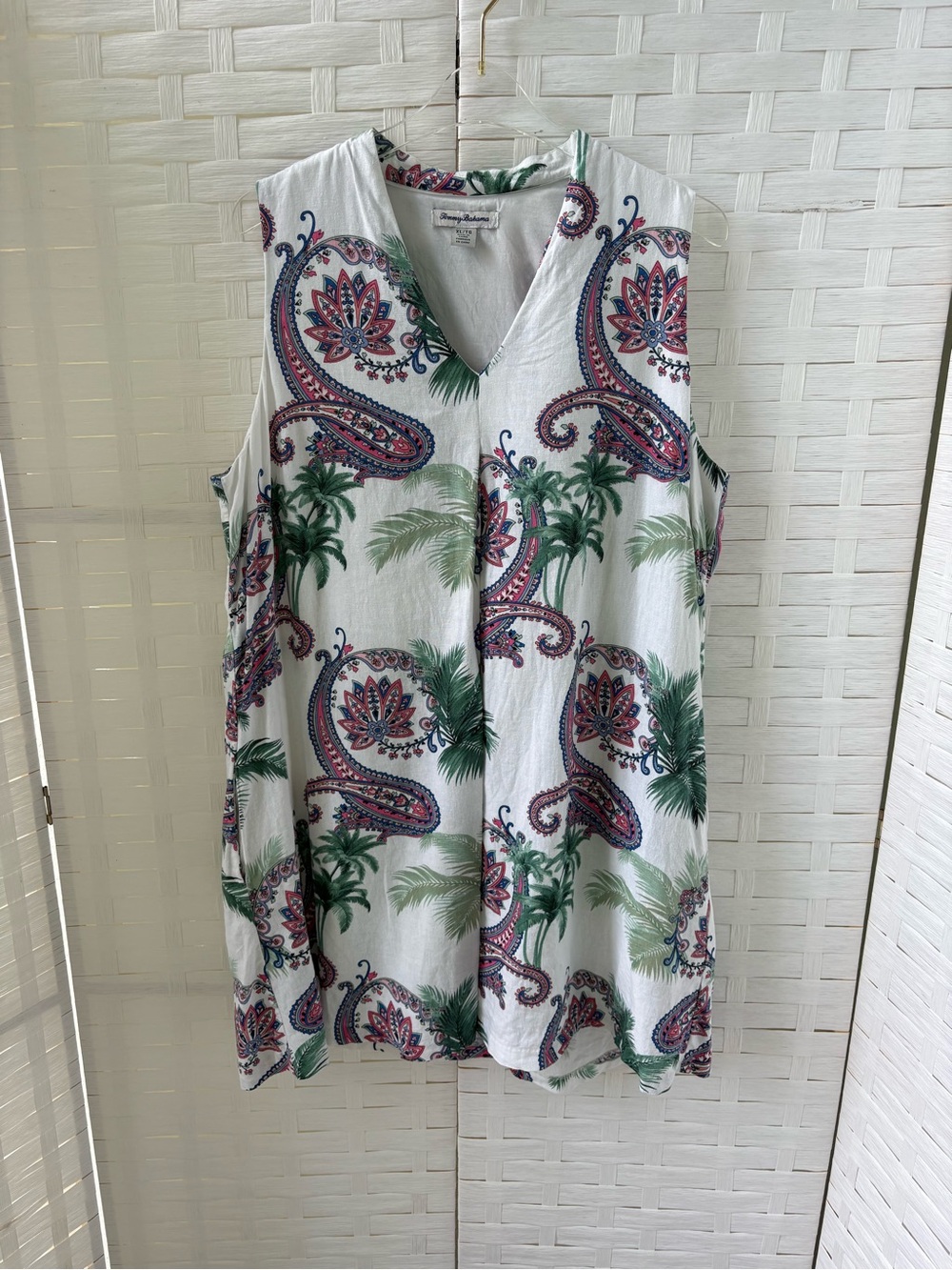Tommy Bahama XL Dress Green Palms Pink Paisley V Neck Lined Pockets Cruise Beach